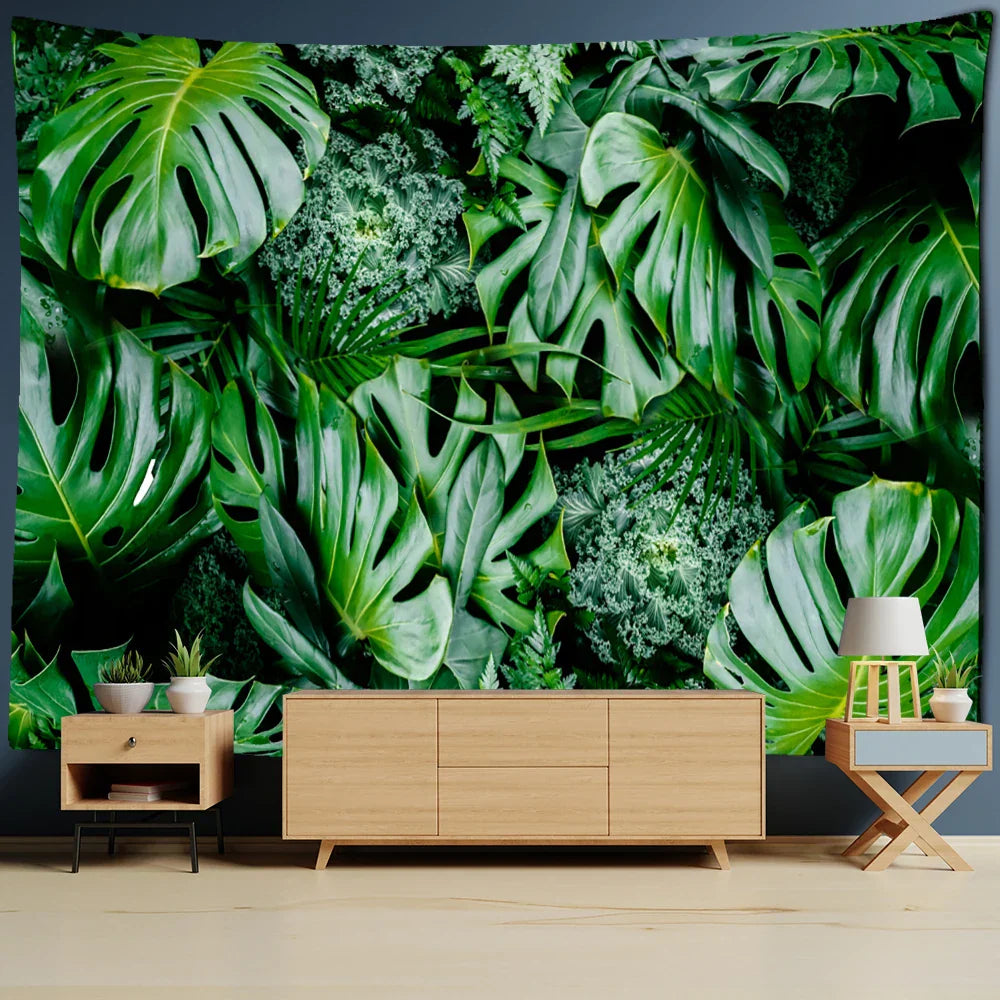 Decobites Monstera Leaf Tapestry Wall Hanging - Bohemian Tropical Plants Scenery