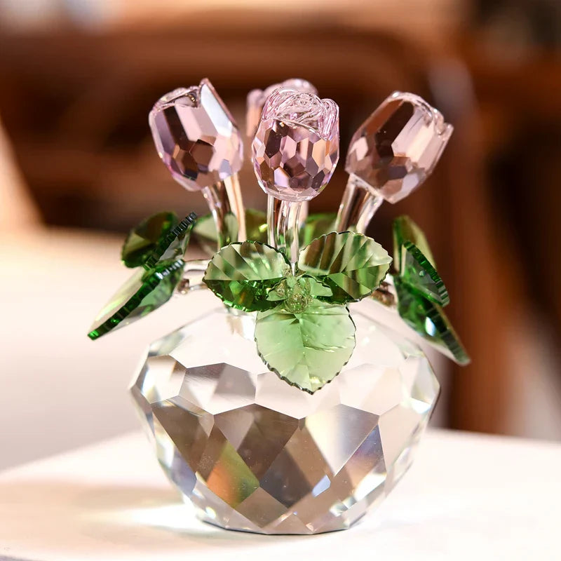 DecorBites™ Crystal Rose Flower Dreams Glass Paperweight Bouquet Sculpture