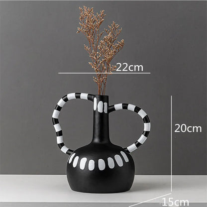 DecorBites™ Ceramic Vase with Black and White Spots | Abstract Wave Point Design