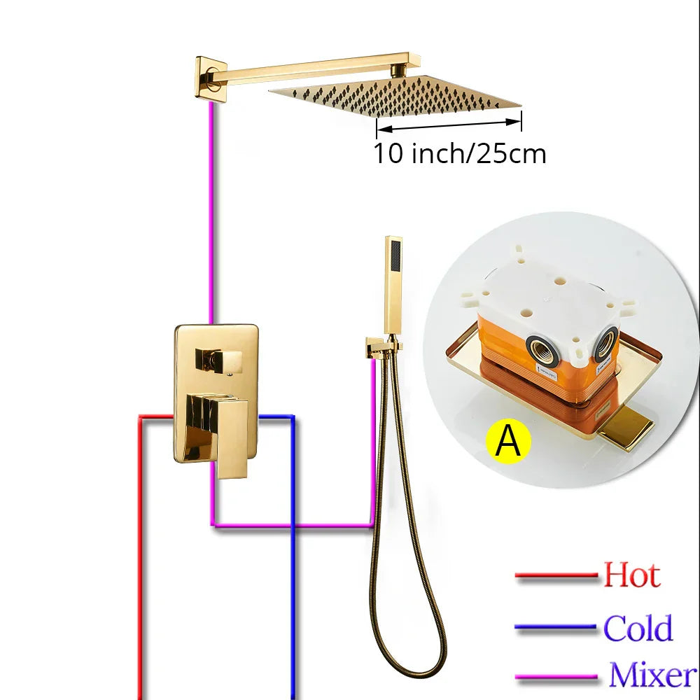 Juego de Grifo de Ducha de Lluvia de Baño Dorado Decorbites™ Oculto en la Pared