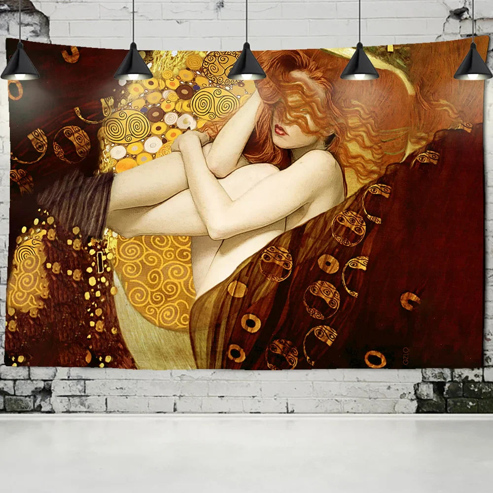 Decorbites™ Tapiz de Pintura al Óleo de Beso Dorado Colgante de Pared Arte Manta en Blanco