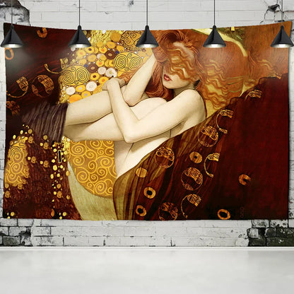 Decobites Gold Kiss Oil Painting Tapestry Wall Hanging Art Blanket