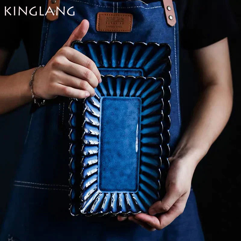 DecorBites™ Klin Glazed Ceramic Rectangle Dinner Plate - Sushi Fish Display Tray