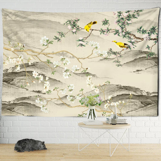 Decobites Flower Bird Print Bohemian Wall Tapestry Plum Blossom Art Carpet