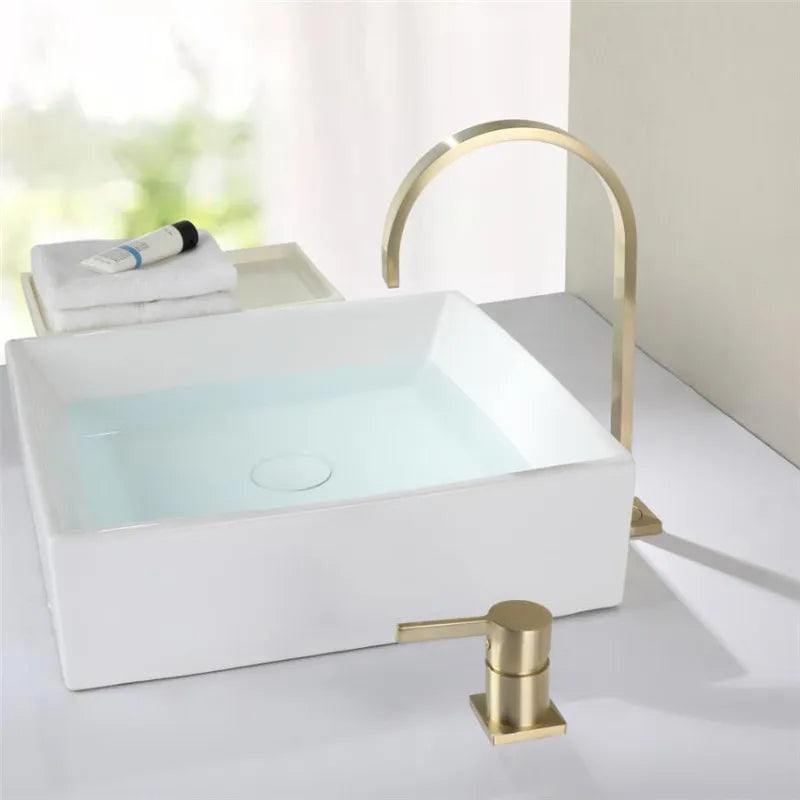 DecorBites™ Brushed Gold Basin Faucet: 360 Rotating Two Hole Widespread Bathroom Sink Tap