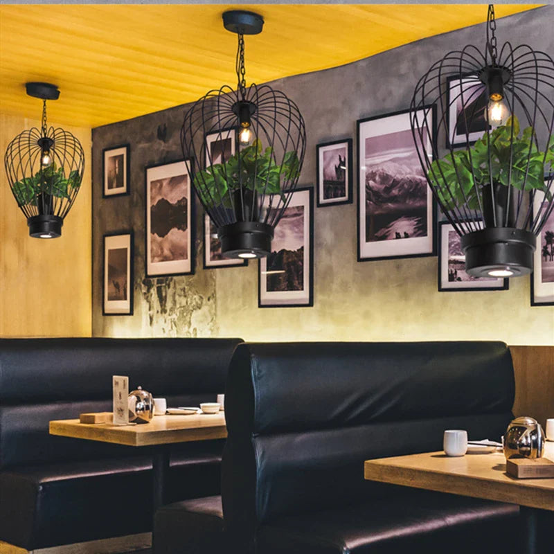 Lámpara de araña DecorBites™ con forma de jaula para pájaros y plantas verdes: Lámpara colgante de estilo industrial retro