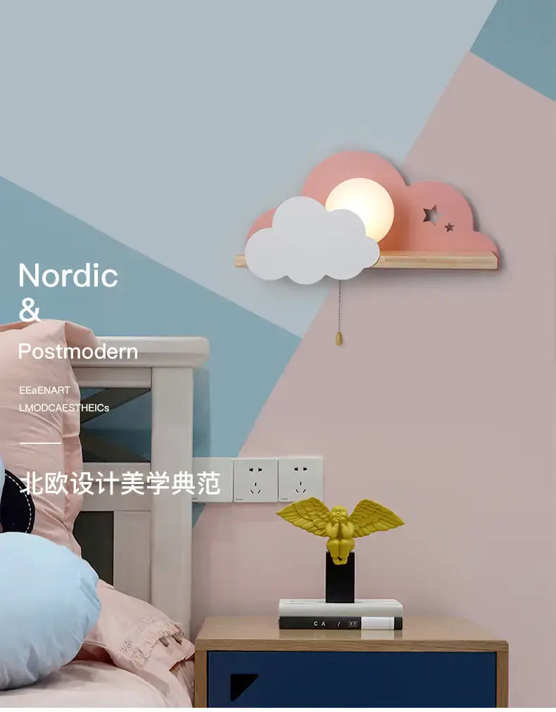 Pastel pink and white macaron led cloud wall lamps with a warm glowing bulb mounted on a wooden shelf for children bedroom use.
