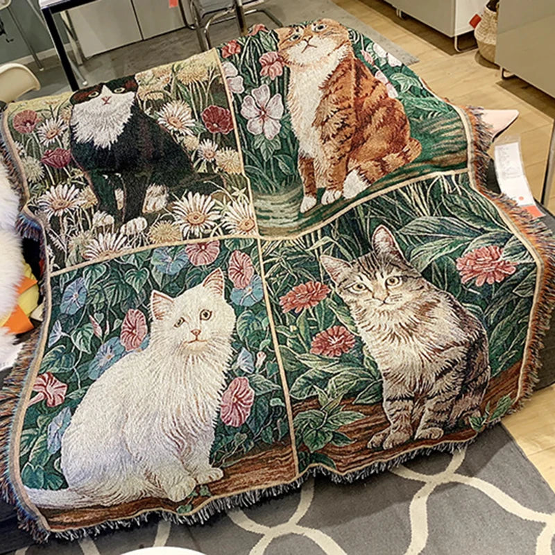 DecorBites™ Funda de sofá tejida con diseño de gato y girasol: manta multifuncional, cubrecama, alfombra y tapiz para decoración del hogar.