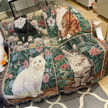 DecorBites™ Funda de sofá tejida con diseño de gato y girasol: manta multifuncional, cubrecama, alfombra y tapiz para decoración del hogar.