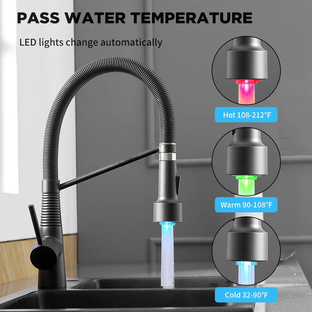DecorBites™ LED Kitchen Faucet Single Hole Pull Out Spout Black Mixer Tap