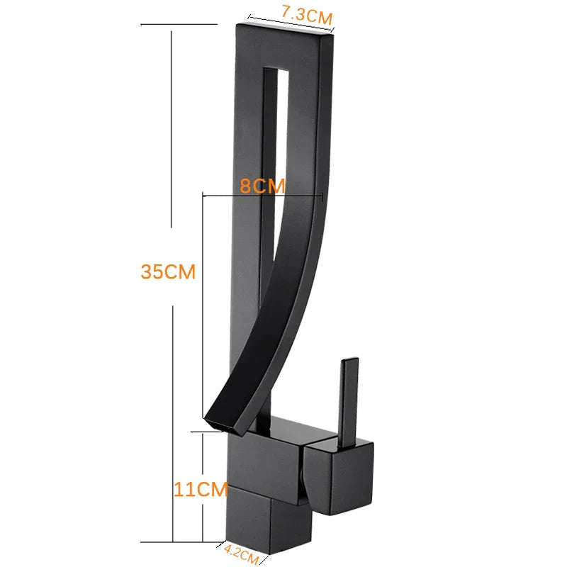 Grifo de lavabo tipo cascada DecorBites™ de latón negro con monomando