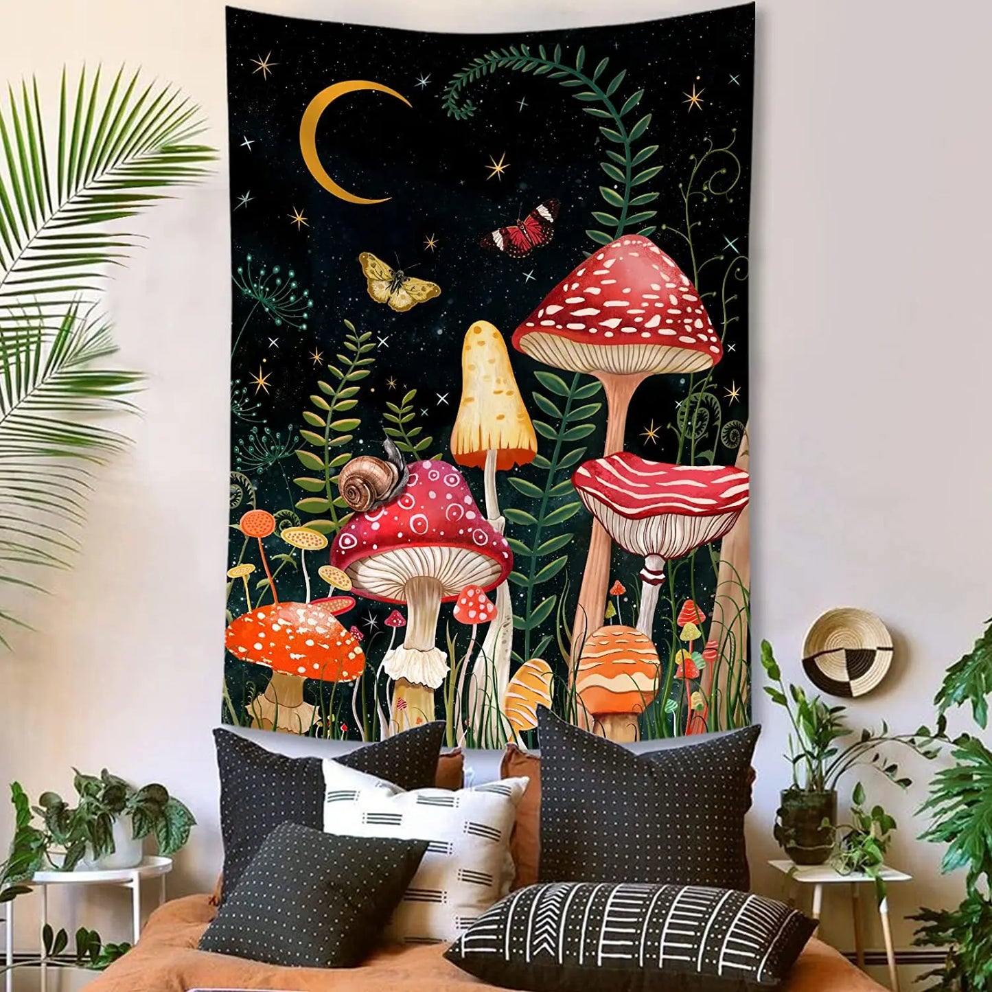 Decobites Mushroom Moon Star Tapestry Floral Wall Hanging for Boho Bedroom Decor