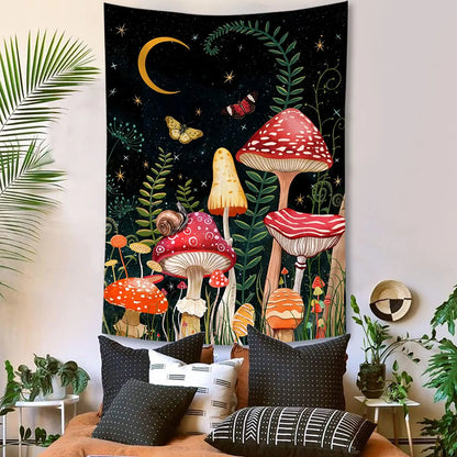 Decobites Mushroom Moon Star Tapestry Floral Wall Hanging for Boho Bedroom Decor