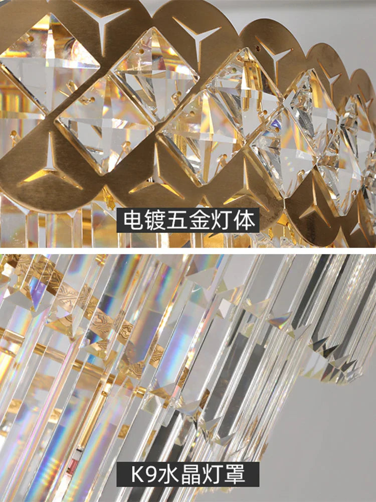 Lámpara de araña DecorBites™ de acero inoxidable dorado y cristal para iluminación de escaleras largas de villas