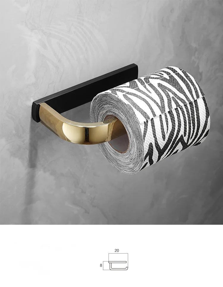 DecorBites™ Gold & Black Bathroom Hardware Set: Shelf, Towel Rack, Paper Holder, Brush Holder
