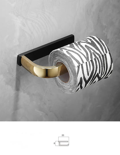 DecorBites™ Gold & Black Bathroom Hardware Set: Shelf, Towel Rack, Paper Holder, Brush Holder