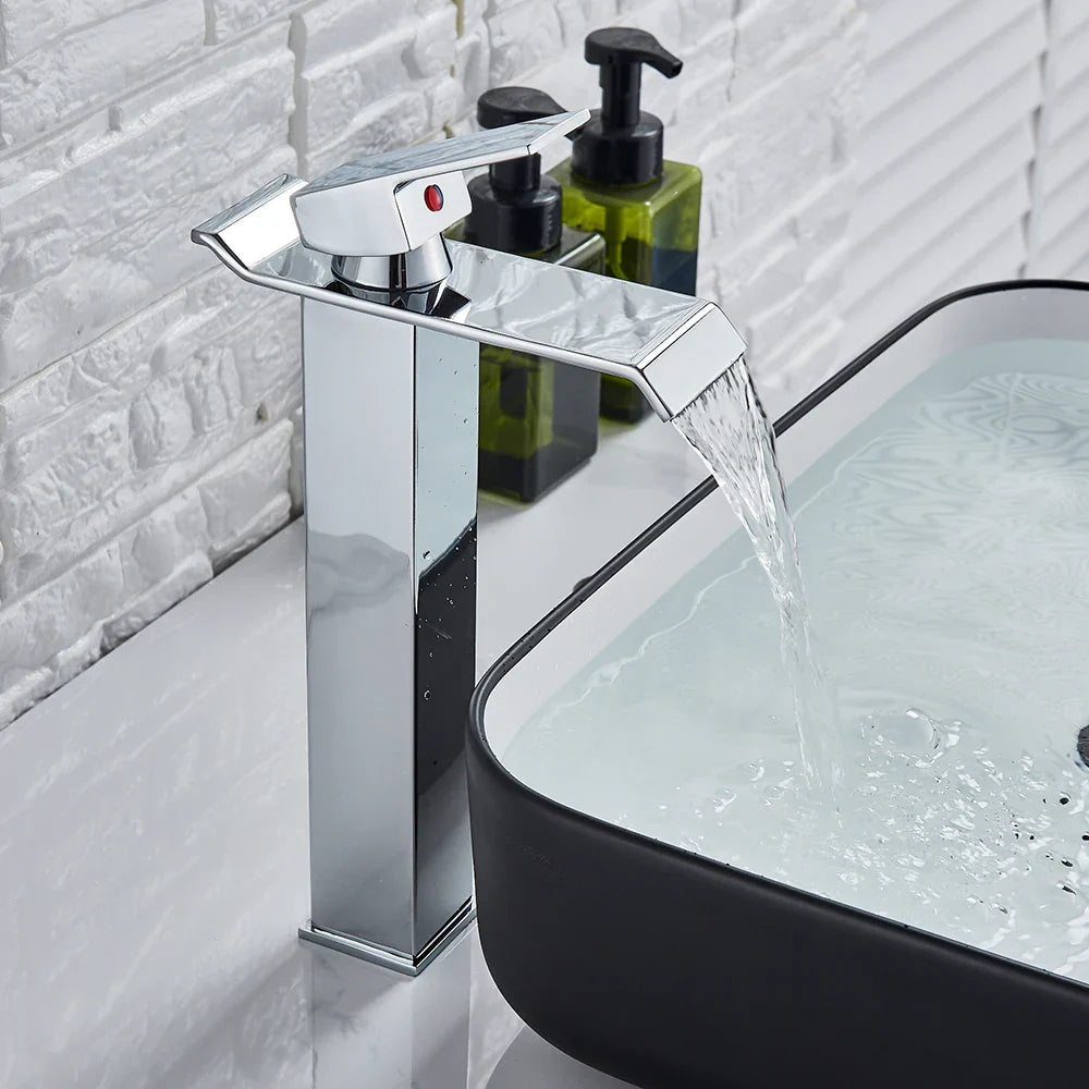 DecorBites™ Brushed Nickel Single Lever Waterfall Basin Faucet - Deck Mounted Brass Mixer