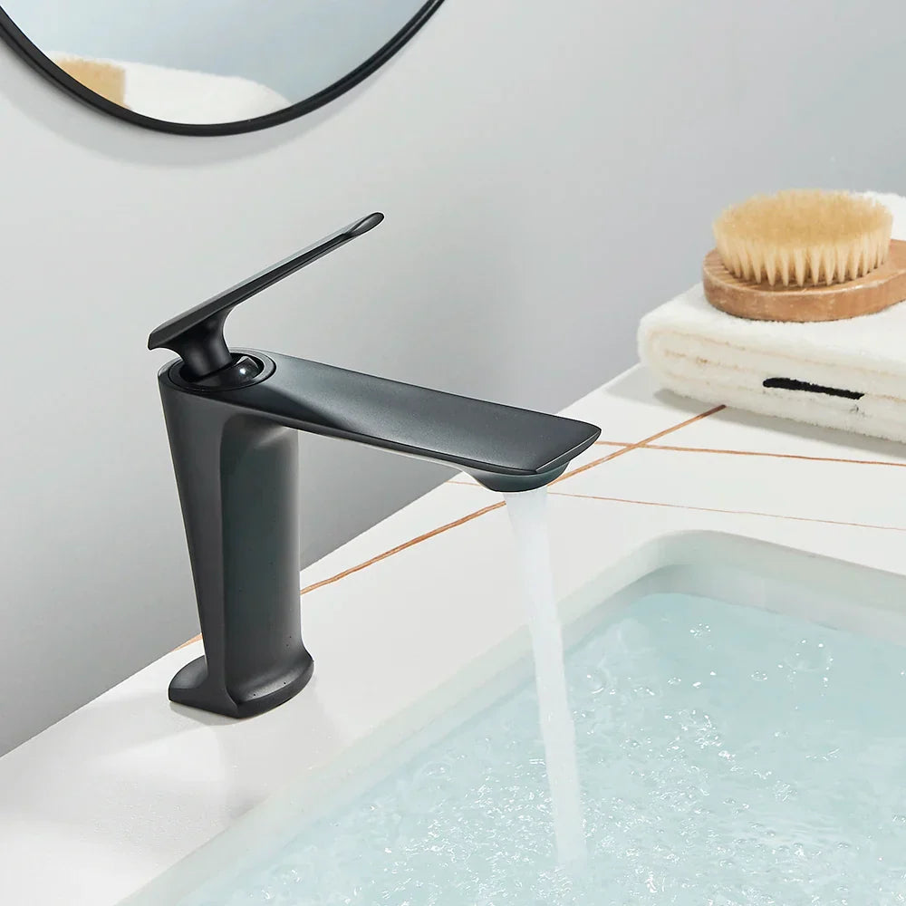 DecorBites™ Black Brass Bathroom Sink Faucet, Hot Cold Water Mixer, Single Handle Deck Mount