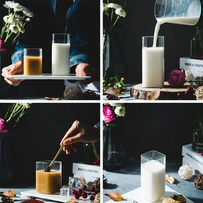 Vaso cuadrado de vidrio transparente DecorBites™ de 370 ml para té, leche o jugo - Vaso resistente a la temperatura