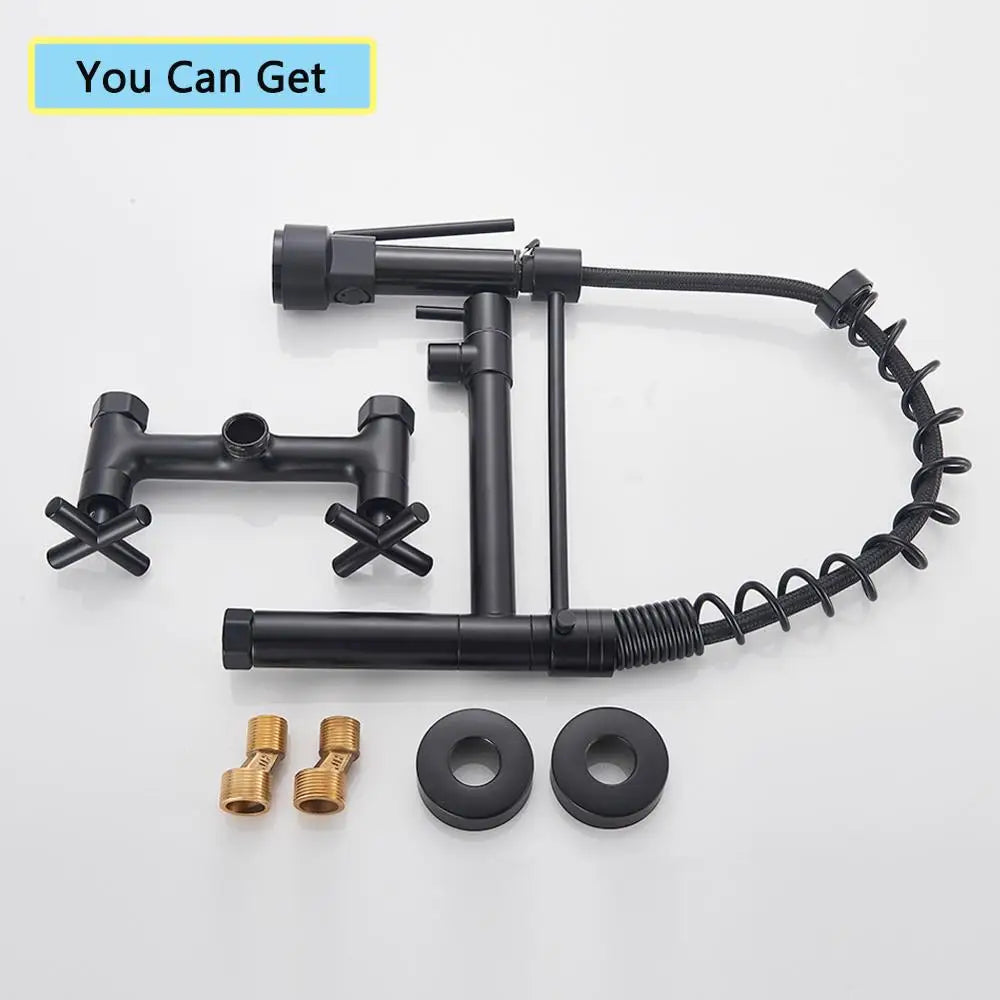 صنبور مطبخ أسود مثبت على الحائط من DecorBites™ مع فوهة دوارة ومقابض مزدوجة