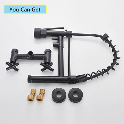 صنبور مطبخ أسود مثبت على الحائط من DecorBites™ مع فوهة دوارة ومقابض مزدوجة