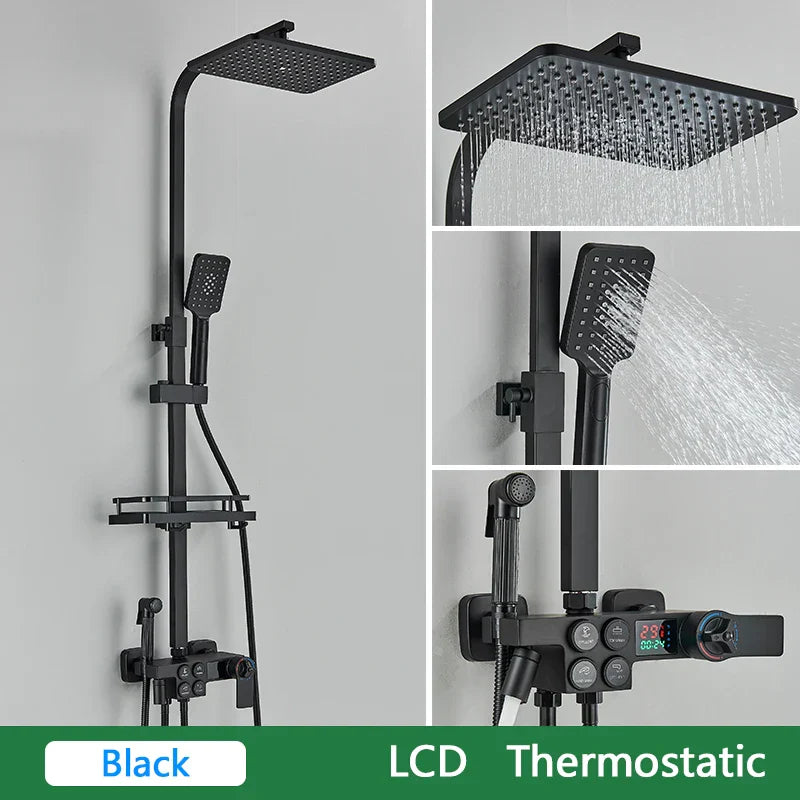 DecorBites™ Brass LCD Thermostatic Mixer Shower Set with Bidet and Tub Spout