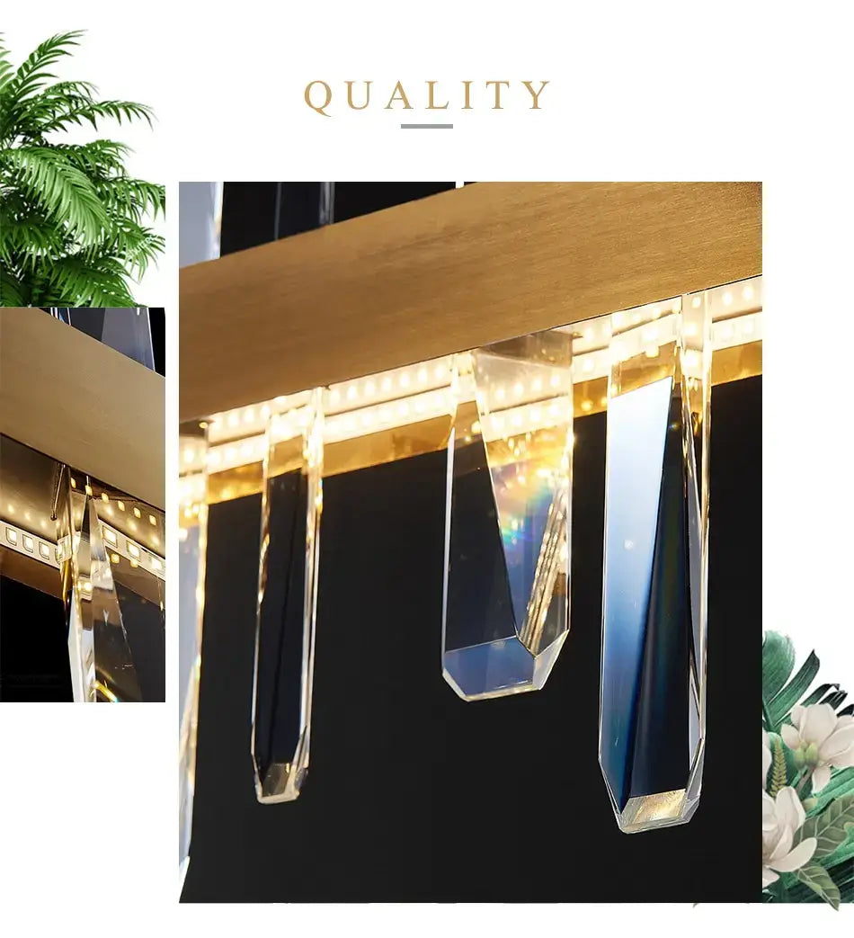 Elegant modern rectangle gold crystal chandelier featuring faceted transparent prisms suspended from a gold-toned frame ideal for dining room lighting.