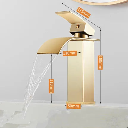 DecorBites™ Gold Waterfall Basin Faucet: Brass Bathroom Mixer Tap, Hot Cold Sink Faucet