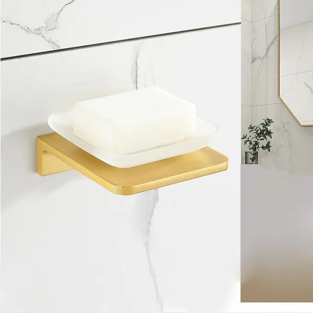 DecorBites™ Brushed Gold Bathroom Set: Shelf, Towel Rack, Holder, Toilet Brush - Bath Hardware