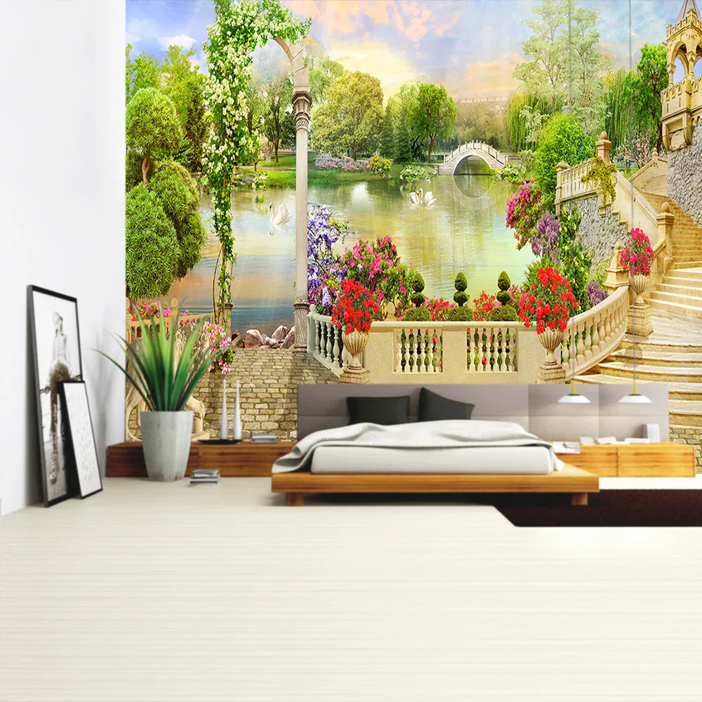 Tapiz DecorBites™ con paisaje de plantas verdes | Tapiz bohemio para pared en City Castle Hill