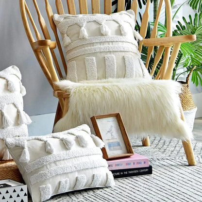 DecorBites™ Ivory Tufted Tassel Cushion Cover - Netural Boho Style for Home Decor