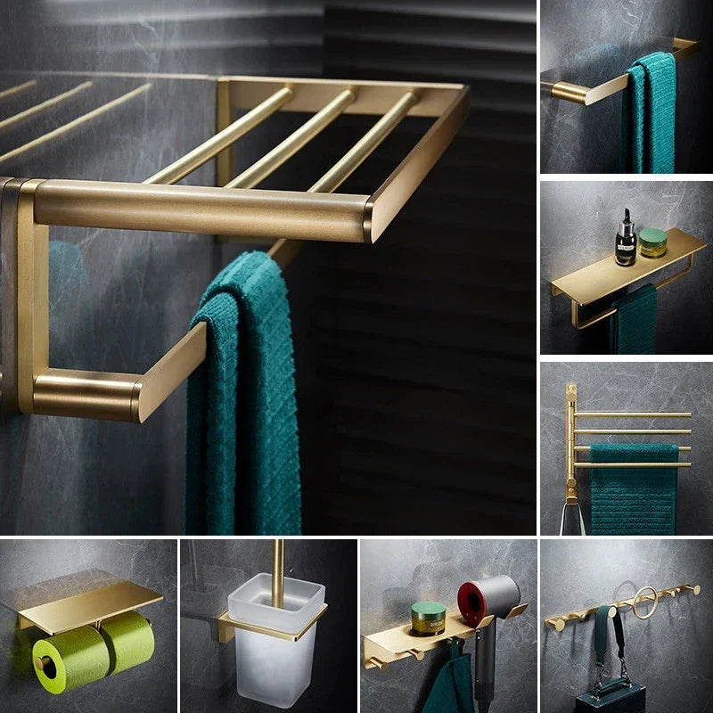 DecorBites™ Brass Bath Hardware Set: Shelf, Towel Rack, Paper & Toilet Brush Holder in Brushed Gold