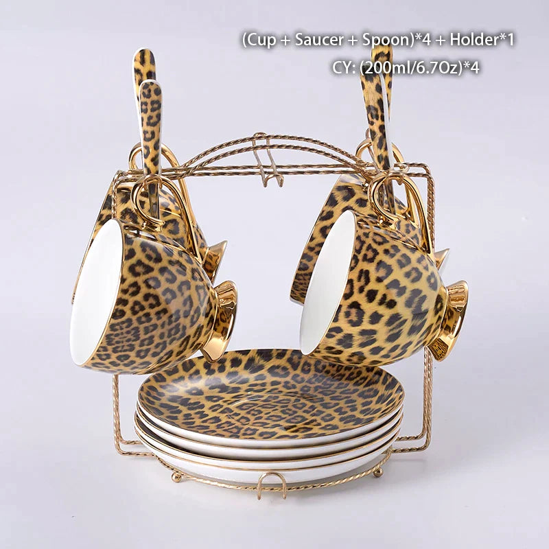 DecorBites™ Leopard Print Bone China Coffee Set Tea Pot Cup Luxury Porcelain Drinkware