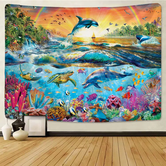 Decobites Rainbow Sea Turtle Dolphin Tapestry Wall Hanging Yoga Mat Beach Towel