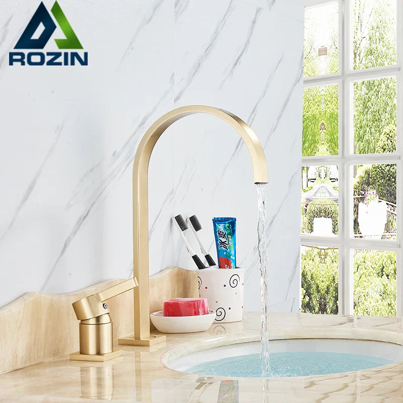 DecorBites™ Brushed Gold Basin Faucet Single Handle Widespread Bathroom Sink Mixer Tap