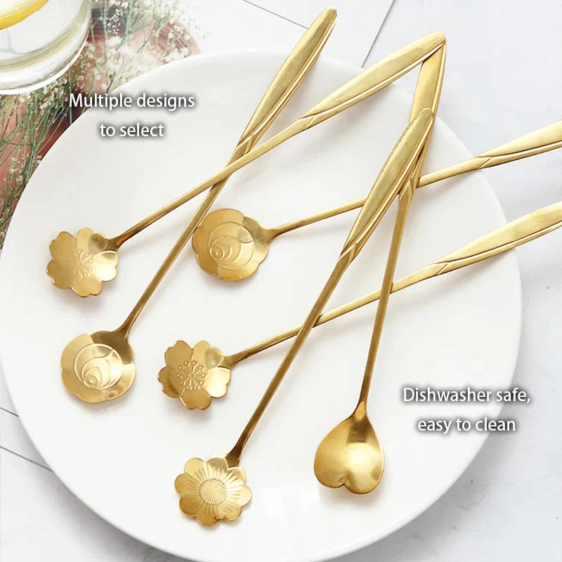 DecorBites™ Gold Flower Stainless Steel Teaspoons Set for Coffee, Desserts, and Ice Cream
