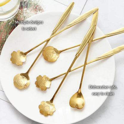 DecorBites™ Gold Flower Stainless Steel Teaspoons Set for Coffee, Desserts, and Ice Cream