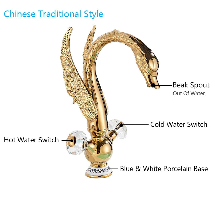 DecorBites™ Golden Swan Basin Faucet: Solid Brass, Deck Mount, Dual Handle Mixer Tap