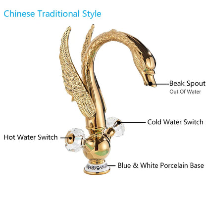 DecorBites™ Golden Swan Basin Faucet: Solid Brass, Deck Mount, Dual Handle Mixer Tap