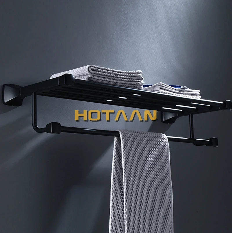 DecorBites™ Black Aluminum Towel Rack with Hook, Wall-mounted Bathroom Towel Holder and Shelf