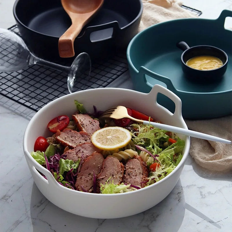 DecorBites™ Ceramic Double Handle Salad Bowl | Deep Porcelain Serving Dish