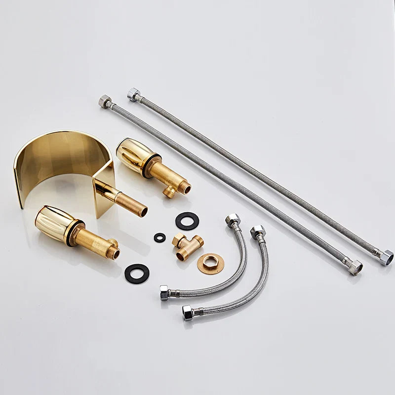 Grifo de Lavabo de Doble Asa en Oro Decorbites™ - Mezclador de Tres Agujeros para Lavabo de Baño