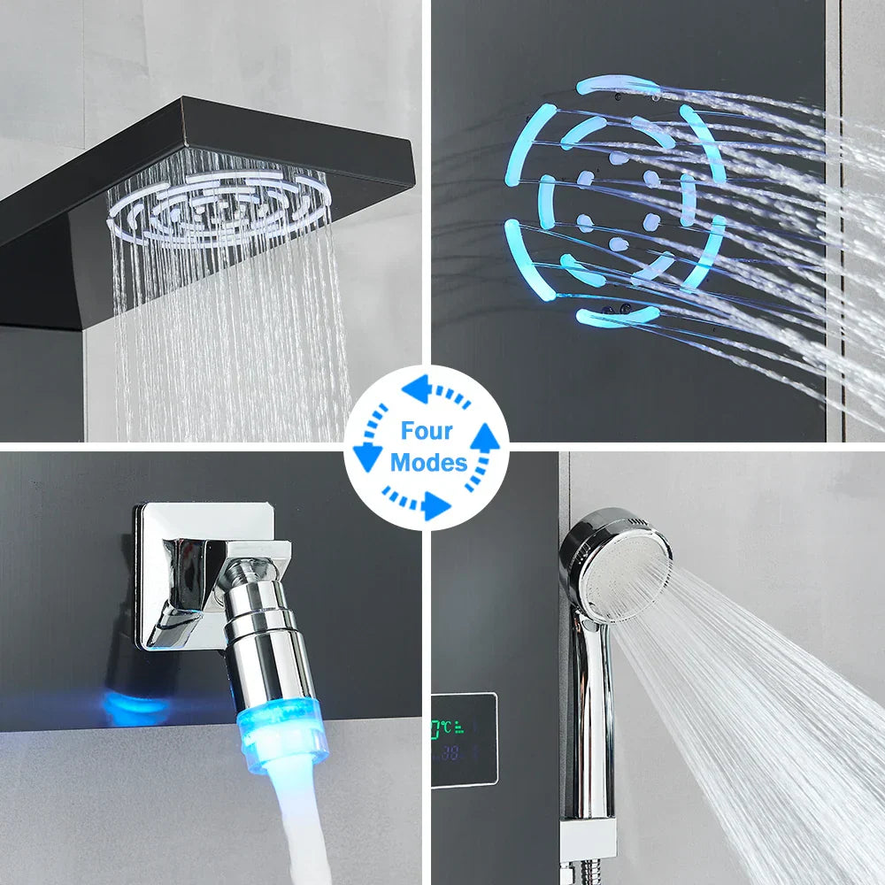 DecorBites™ LCD Black LED Rainfall Shower Panel with 5 Massage Jets Wall Mount