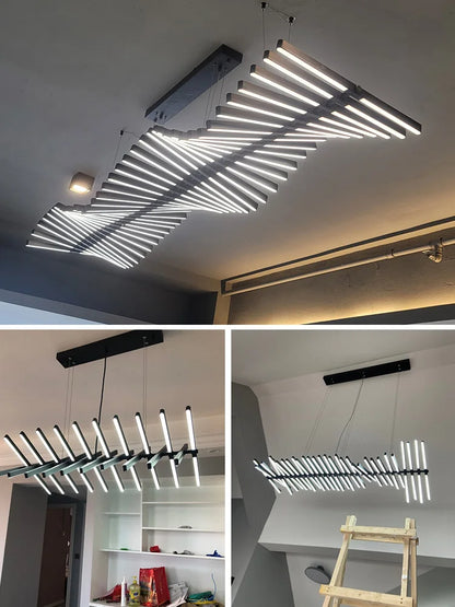 Lámpara de araña lineal DecorBites™ con forma de espina de pez: Iluminación nórdica minimalista para comedor, oficina o sala de estar