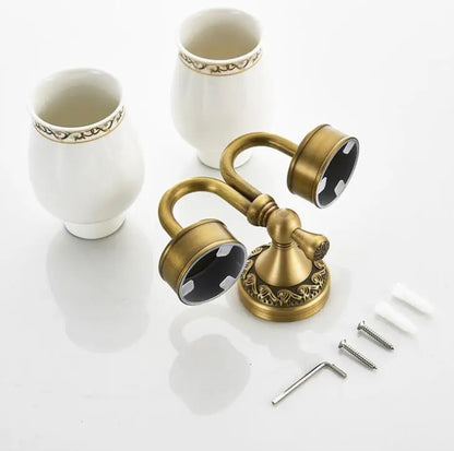 DecorBites™ Brass Double Cup Holder with Glass Tumbler - Bathroom Toothbrush Cup Holder