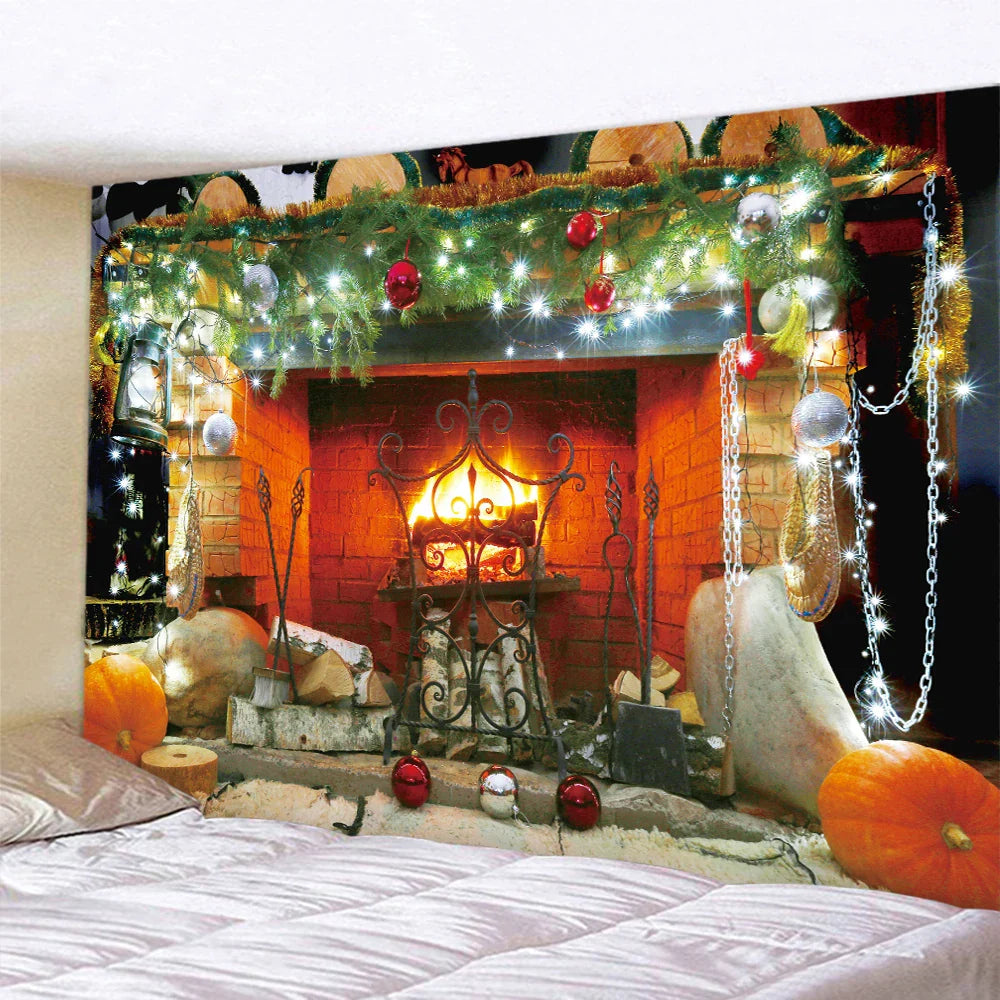 DecorBites™ Christmas Fireplace & Tree Tapestry Wall Hanging