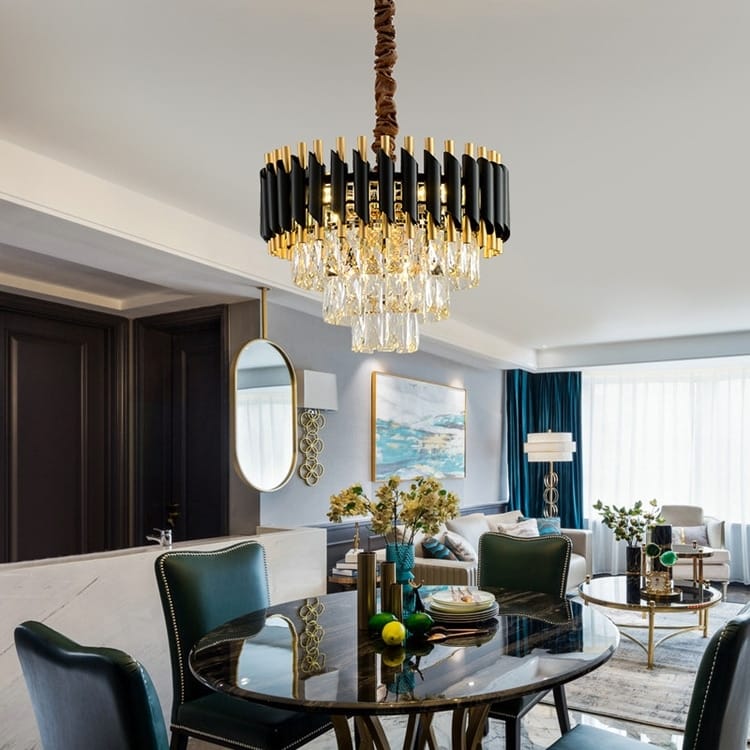 Luxury k9 crystal black and gold tiered chandelier with crystal droplets hanging from a twisted brown cord by Nebra Luxury ideal for dining room lighting.