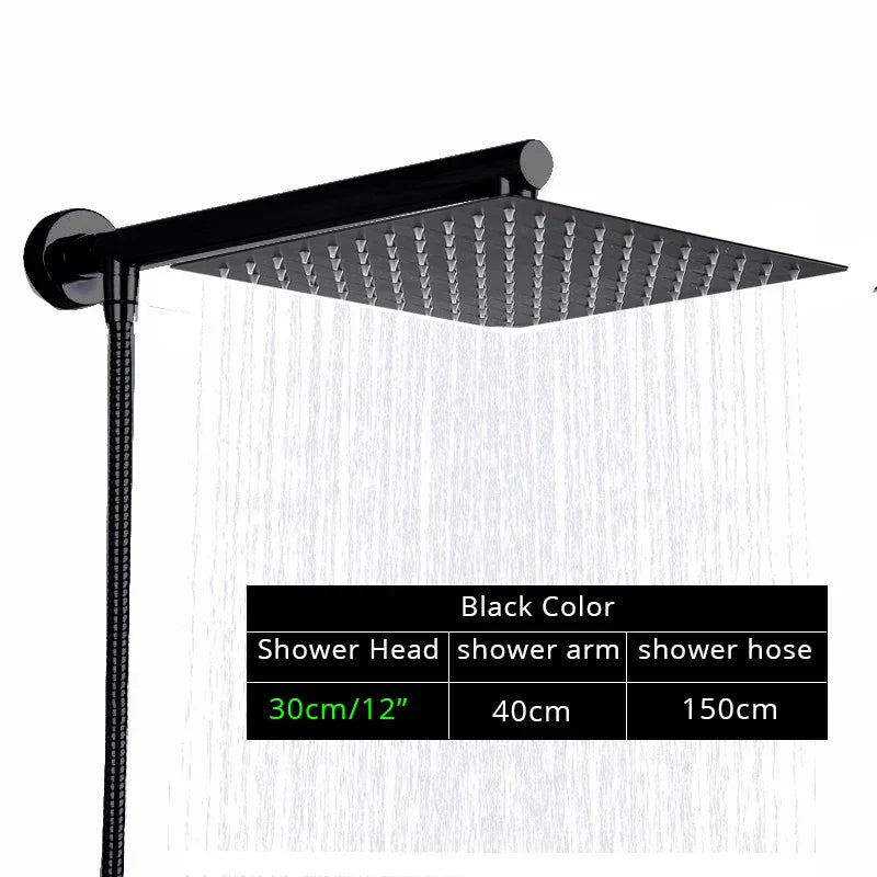 Juego de cabezal de ducha tipo lluvia ultrafino negro DecorBites™ con soporte de brazo, manguera y grifo.