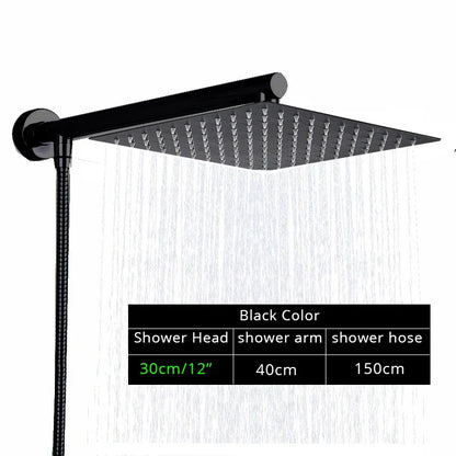 Juego de cabezal de ducha tipo lluvia ultrafino negro DecorBites™ con soporte de brazo, manguera y grifo.