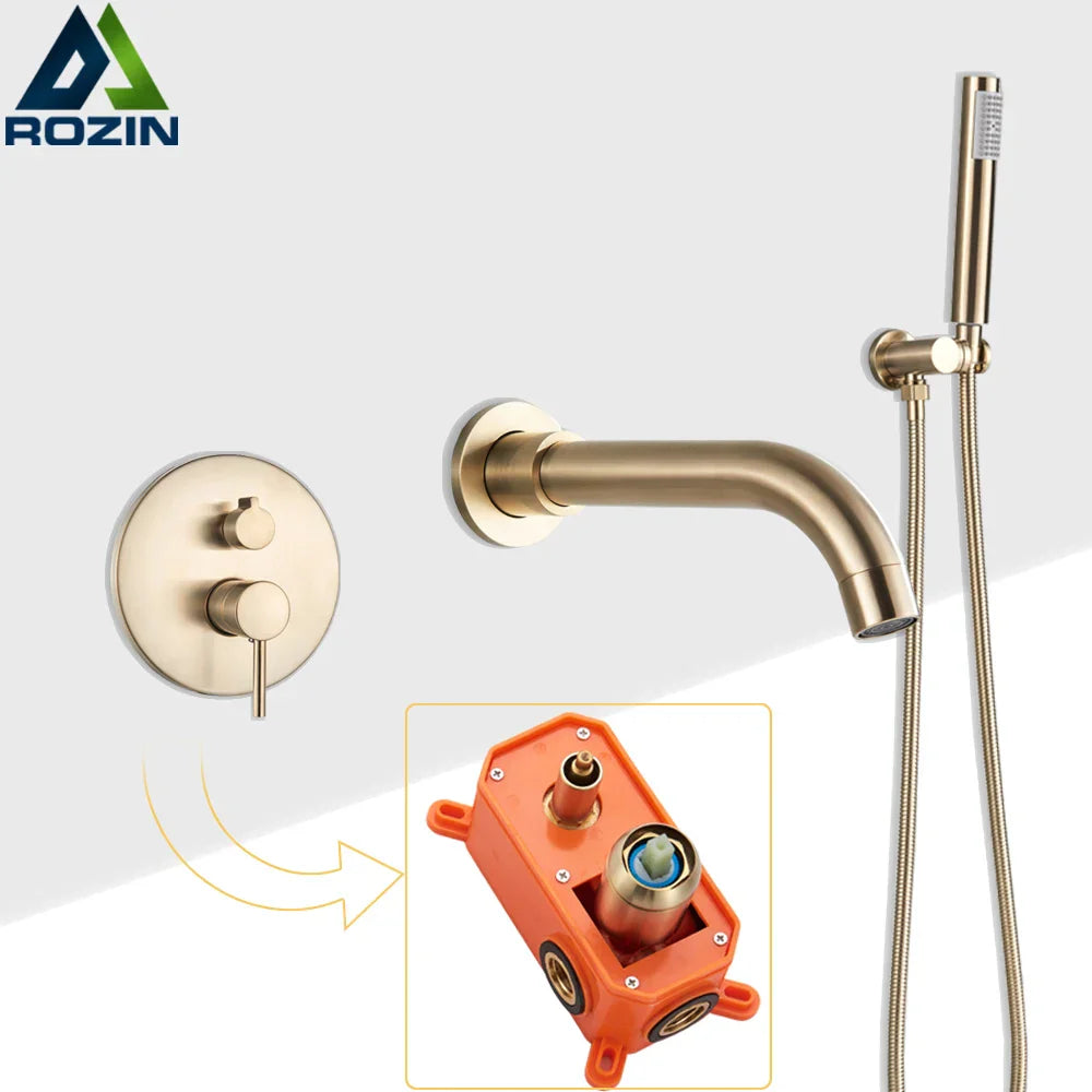 DecorBites™ Golden Bathtub Faucet with Rotating Spout and Wall Mount - Plastic Hand Shower